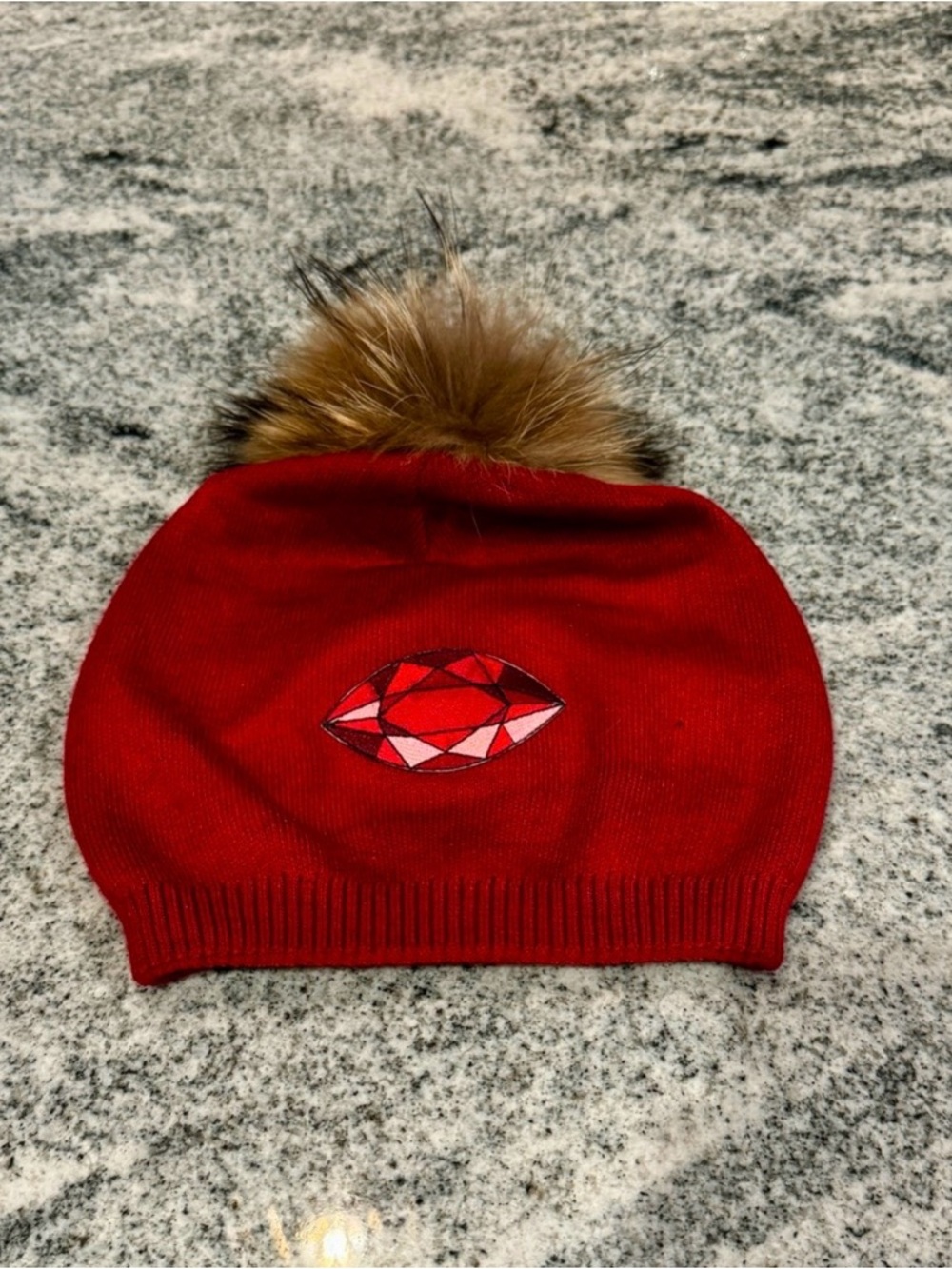 New Custom Designed Raspberry Red Slouchy Pom Beanie with Large Ruby Gem